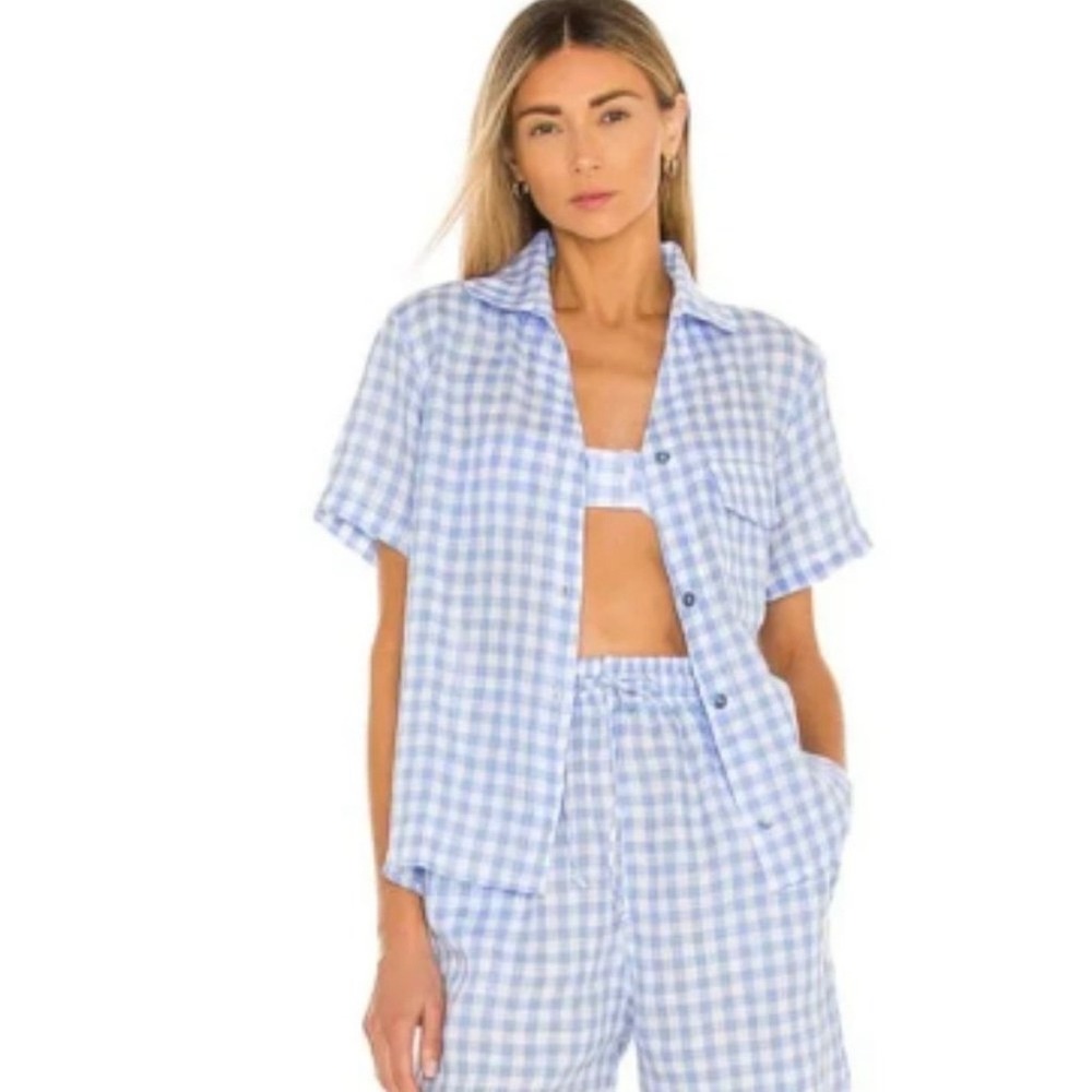 Frankies Bikinis Lou‎ Linen Top Bluebell Gingham Short Sleeve Button Down XS